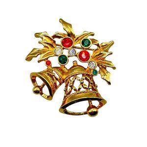 Christmas Bells Pin Brooch Vintage Holiday Jewelry Gold Tone Green Red Rhineston